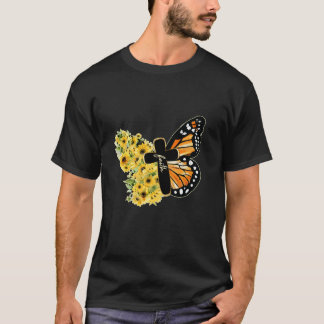 Faith Cross Sunflower Butterfly Christelijke Vinta T-shirt