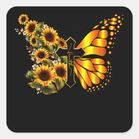 Faith Cross Sunflower Butterfly Christian Vierkante Sticker (Voorkant)