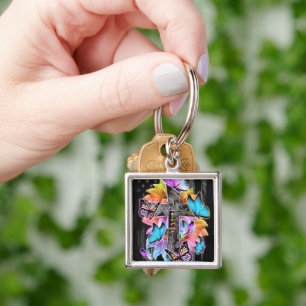 Faith Cross, vlinders en bloemen Sleutelhanger