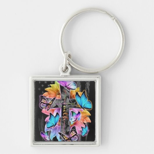 Faith Cross, vlinders en bloemen Sleutelhanger (Voorkant)