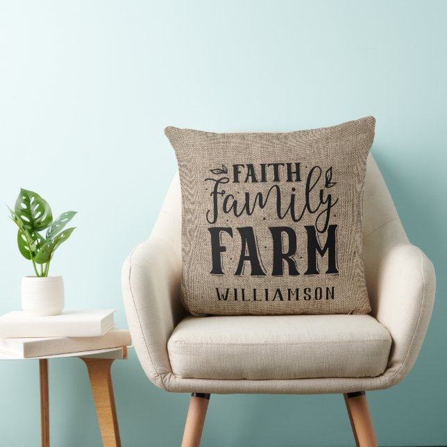 Faith Family Boerderij Burlap Familienaam Pillow Kussen (Stoel)
