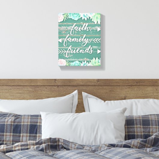 Faith, Family, Friends Aqua en Pink Succulents Canvas Afdruk (Insitu (Slaapkamer))