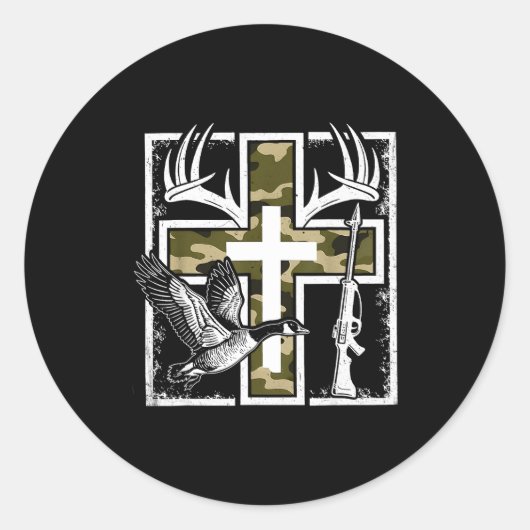 Faith Fishing Hunting Camo Cross Duck Deer Christi Ronde Sticker (Voorkant)