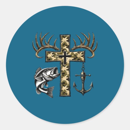 Faith Fishing Hunting Camo Cross With Hook B Chris Ronde Sticker (Voorkant)