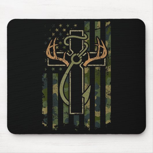 Faith Fishing Hunting Camo Us Flag Cross With Hook Muismat (Voorkant)