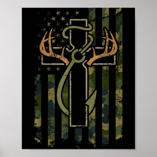 Faith Fishing Hunting Camo Us Flag Cross With Hook Poster (Voorkant)
