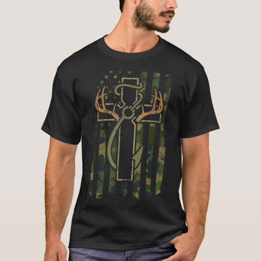 Faith Fishing Hunting Camo Us Flag Cross With Hook T-shirt (Voorkant)
