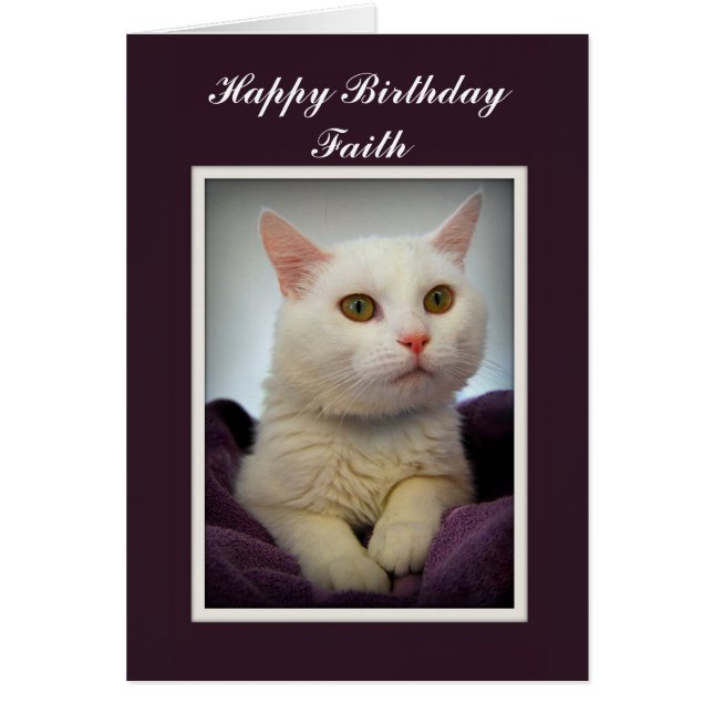 Faith Happy Birthday White Cat Kaart (Voorkant)