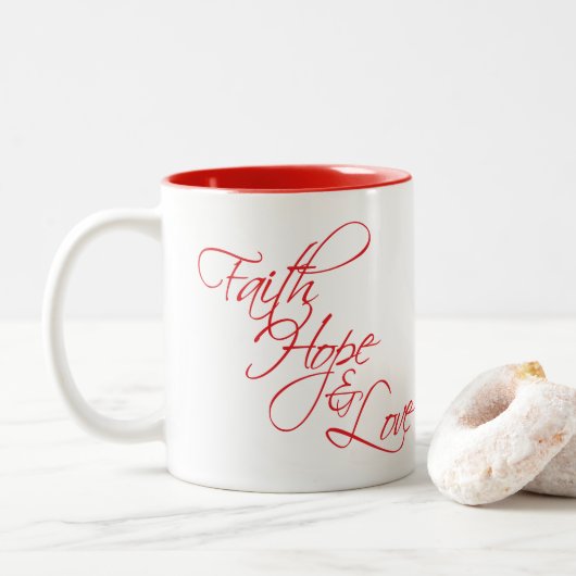 Faith Hope and Love — De drie grootste cadeaus Tweekleurige Koffiemok (Met donut)