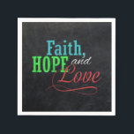 Faith Hope en Love Chalkboard Christmas Christelij Servet<br><div class="desc">Deel uw inspirerend groet van Faith,  Hope en Love dit vakantieseizoen met deze faux houtskool grijze krijtbordstijl achtergrond met kleurrijk rood,  groen en blauw typografisch ontwerp. Een grote familiegroet voor schoolgaande kinderen of iedereen in handgemaakte uitziende stijlen. Auteursrecht van het ontwerp © CuteComfy.com</div>