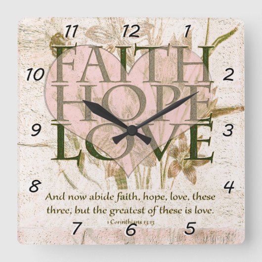 Faith, Hope en Love Vierkante Klok (Voorkant)