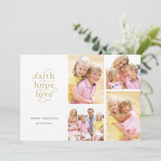 Faith Hope Love 4-Foto Collage Family Kerstmis Feestdagenkaart (Staand voorkant)