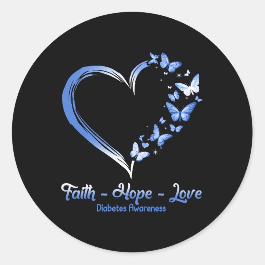 Faith Hope Love Diabetes Awareness Heart Butterfly Ronde Sticker (Voorkant)