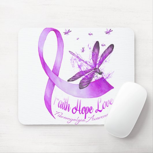 Faith Hope Love Dragonfly Paars Ribbon Fibromyalg Muismat (Met muis)