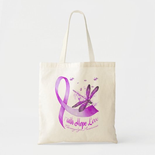 Faith Hope Love Dragonfly Paars Ribbon Fibromyalg Tote Bag (Voorkant)