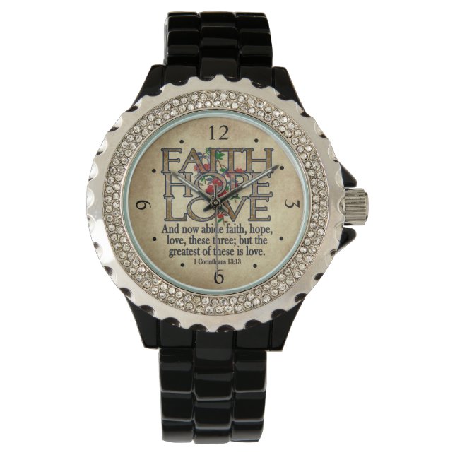 Faith Hope Love Elegant Bible Scripting Christelij Horloge (Voorkant)