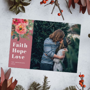 Faith Hope Love gedempt roze bloemenfoto kerst Feestdagenkaart