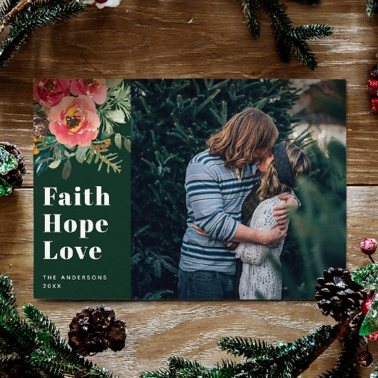 Faith Hope Love | Groene religieuze kerstfoto Feestdagenkaart