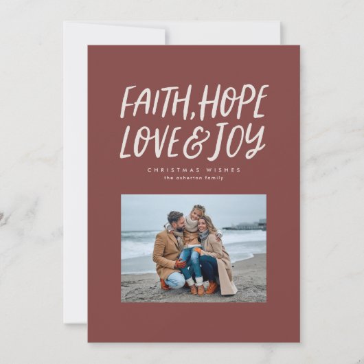 Faith hope love joy maroon kerstfoto feestdagenkaart (Voorkant)