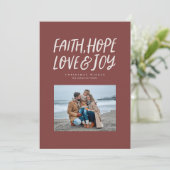 Faith hope love joy maroon kerstfoto feestdagenkaart (Staand voorkant)