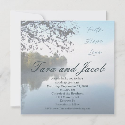 Faith, Hope, Love lake photo wedding invitation Kaart (Voorkant)