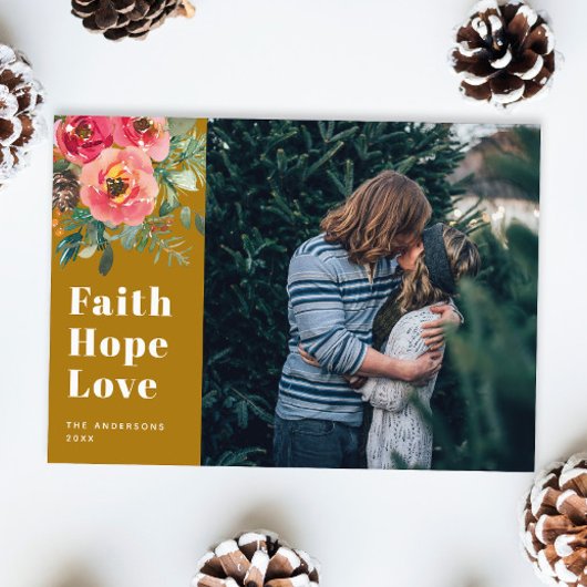 Faith Hope Love | Mustard Brown Kerstfoto Feestdagenkaart
