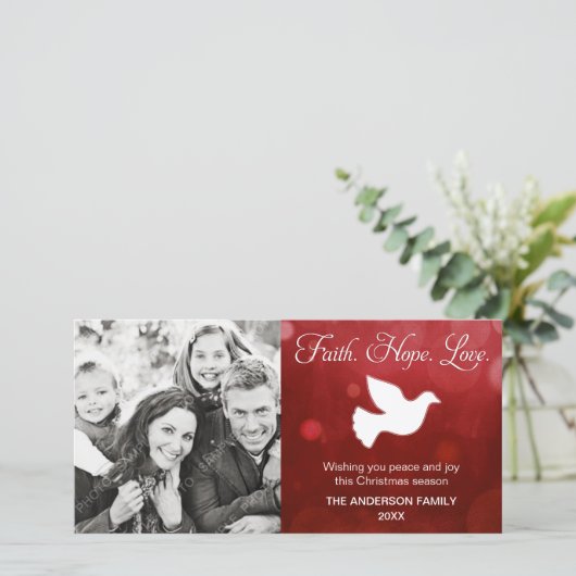 Faith Hope Love Religious Christmas Dove Red Feestdagenkaart (Staand voorkant)