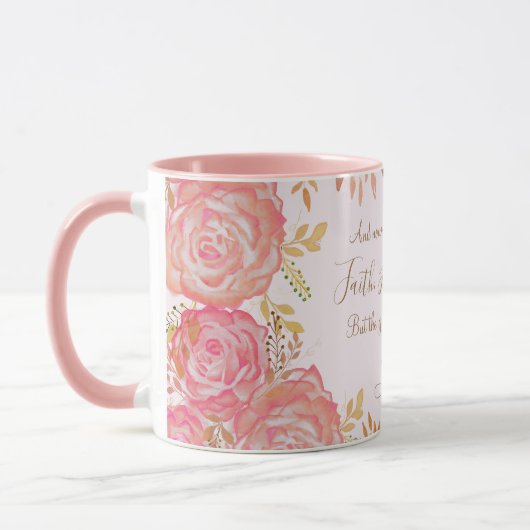 Faith Hope Love Scripture Bloemrijk Roze Goud Roos Mok (Links)