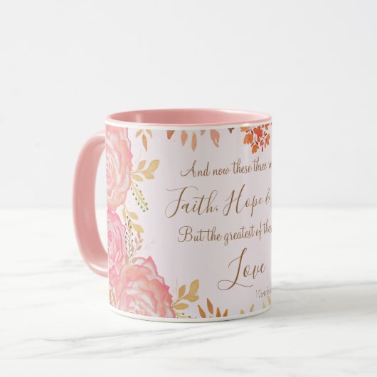 Faith Hope Love Scripture Bloemrijk Roze Goud Roos Mok (Voorkant links)