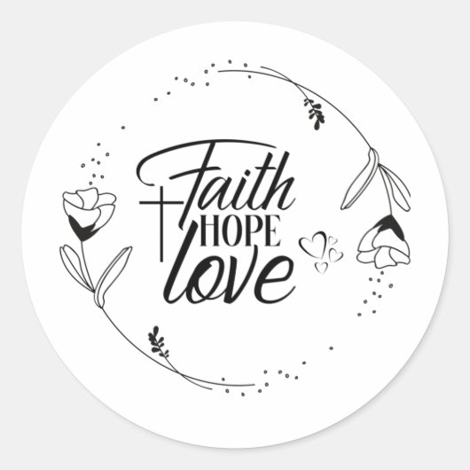 Faith, Hope Love with Cross, Hearts, Floral Ronde Sticker (Voorkant)