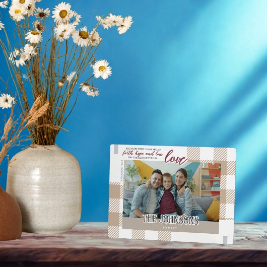 Faith HopeLove Modern Beige Family Photo Scripture Fotoplaat