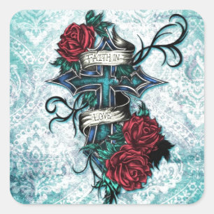 Faith in Love kruis en rozen in tattoo stijl. Vierkante Sticker
