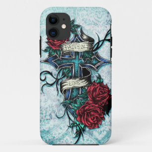 Faith in Love Rozen en cross-art op blauwe basis iPhone 11 Hoesje