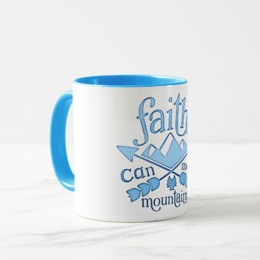 Faith kan Mountains Blue Typografie bewegen Mok (Voorkant links)