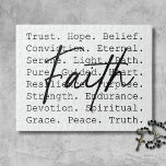 Faith Legpuzzel<br><div class="desc">Set against a white background, this jigsaw puzzle features the word “faith” in flowing script that stretches confidently across the center. Behind it, filling the space beneath the main word, are lowercase typewriter-style words—each one a reflection of faith’s many facets. Words like trust, hope, peace, truth, and belief stand out...</div>