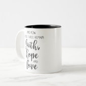 Faith love hope tweekleurige koffiemok (Voorkant links)