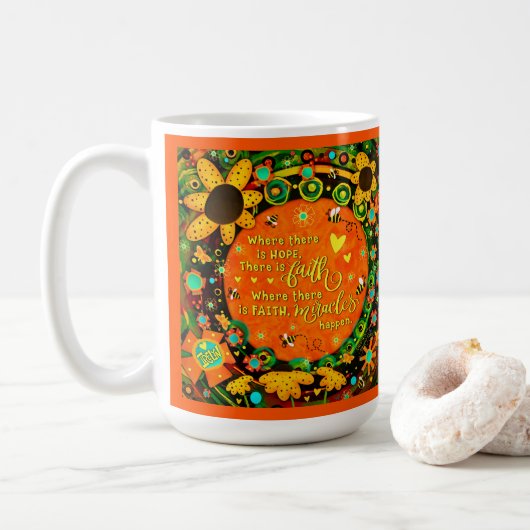 Faith Miracles Quote Floral Bumblebees Irelyn Koffiemok (Met donut)