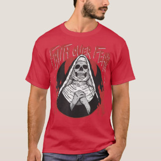 Faith Over Fear Skeleton Evil Nun Satanic Goth Hor T-shirt