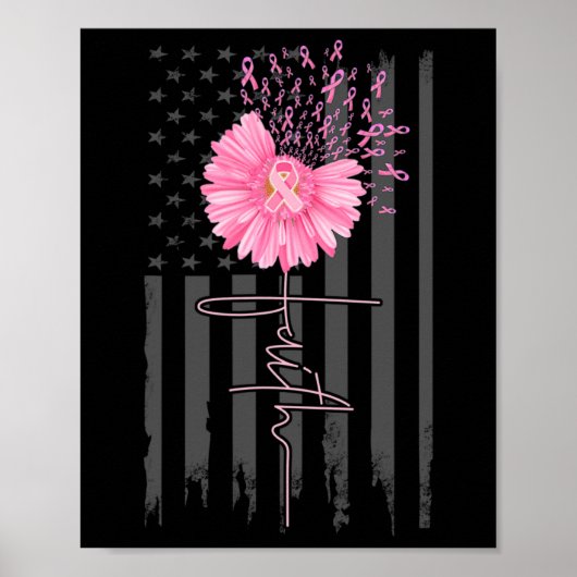 Faith Pink Ribbon Daisy Flower American Flag Breas Poster (Voorkant)