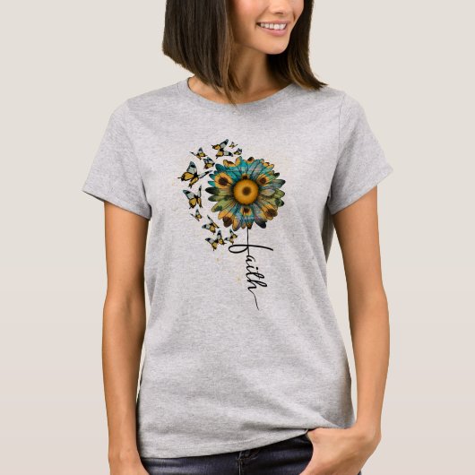 Faith Sunflower Butterflies Christelijk Religieus T-shirt (Voorkant)