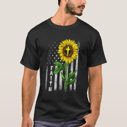 Faith Sunflower Usa American Flag Cross Christelij T-shirt (Voorkant)