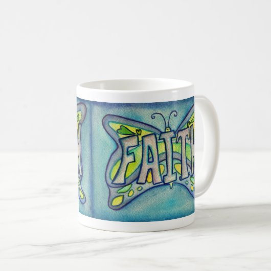 Faith Word Art Blauwe Vlinder Vleugels Koffie Mok (Voorkant rechts)