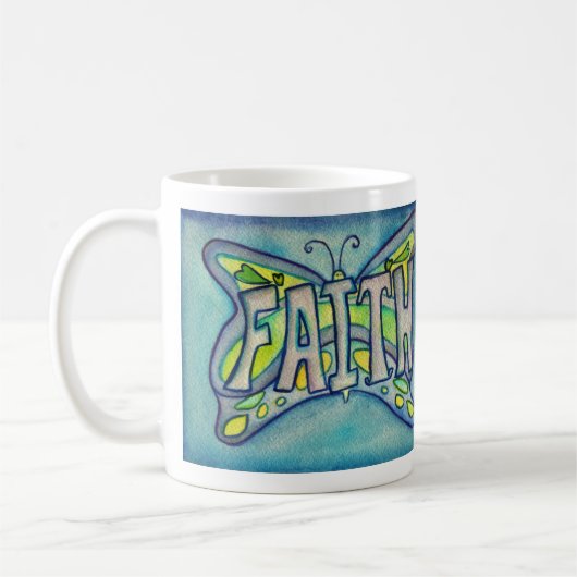 Faith Word Art Blauwe Vlinder Vleugels Koffie Mok (Links)
