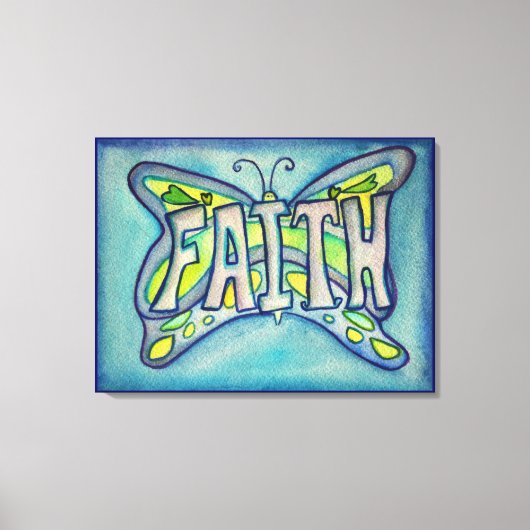Faith Word Blue Butterfly Painting Canvas Artwork (Voorkant)