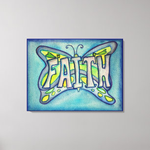 Faith Word Blue Butterfly Painting Canvas Artwork Afdruk