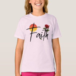 Faith Zwarte typografie met roos T-shirt