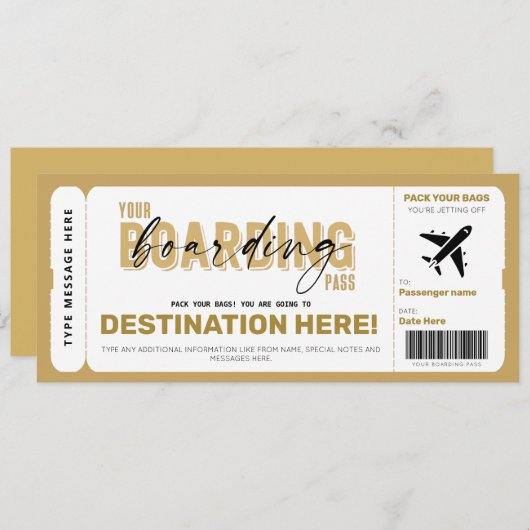 Fake Airplane Ticket Surprise boarding Pass Kaart (Voorkant / Achterkant)