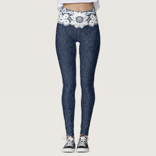 Fake Blue Jeans White Lace Denim Leggings