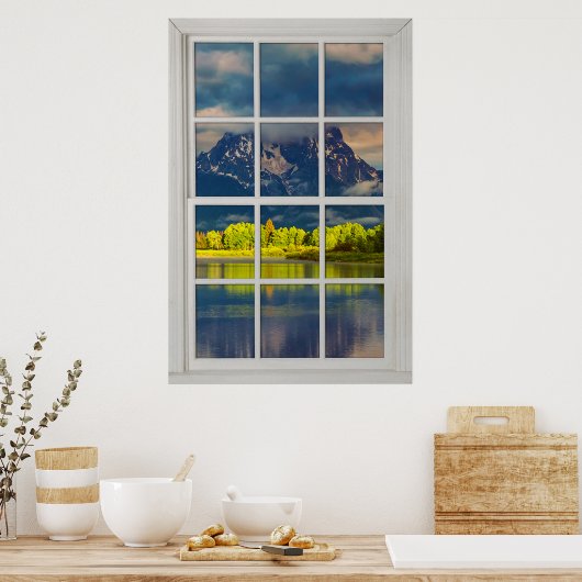 Fake Faux Window Illusion - Sunny Mountain Uitzich Poster (Keuken)
