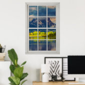 Fake Faux Window Illusion - Sunny Mountain Uitzich Poster (Thuiskantoor)